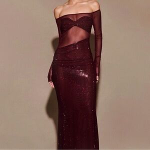 Meshki Burgundy Diamante Off Shoulder Maxi Dress - Mahogany